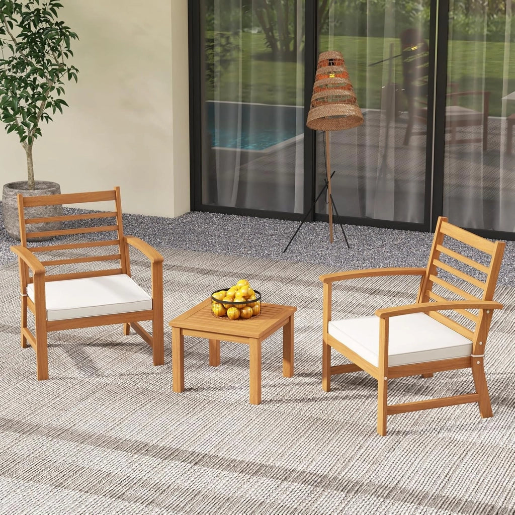 Set di 3 mobili da giardino in legno di acacia, per balconi, terrazze, mobili da giardino, set da 2 persone, set da 2 sedie con tavolo in legno, set da giardino con cuscino incluso