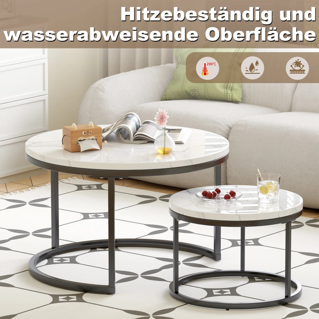 TAVOLINI DA CAFFÈ Set 2 Pezzi 70x70x45 cm Effetto Marmo Bianco con Struttura Nera