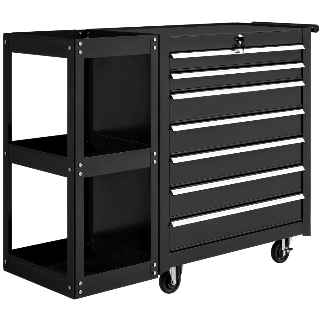 Carrello Portautensili 96x33,5x75 cm con 7 Cassetti Mensola Laterale Staccabile Ruote Capacità 120kg in Acciaio Nero