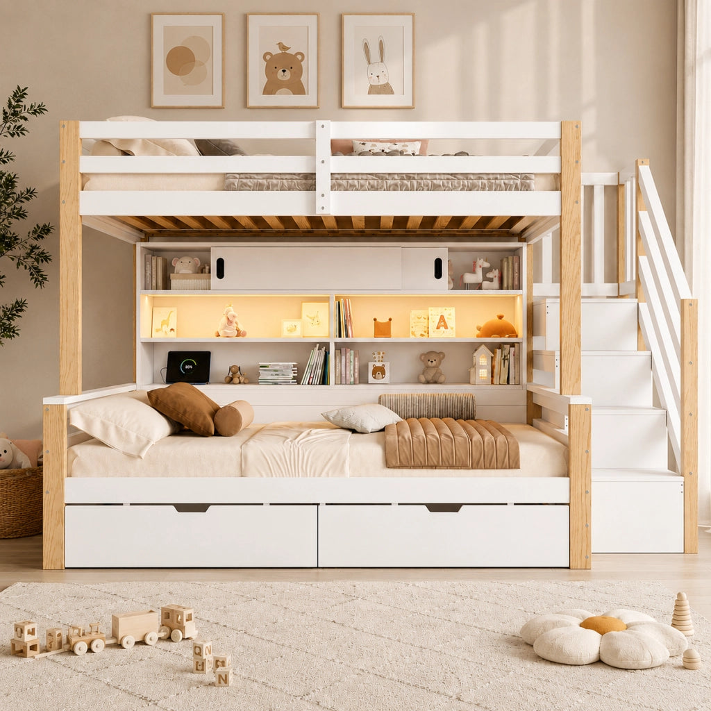Letto a castello per bambini 90x200 cm; LED controllabile tramite app; USB e Type-C; scala contenitore; pino bianco