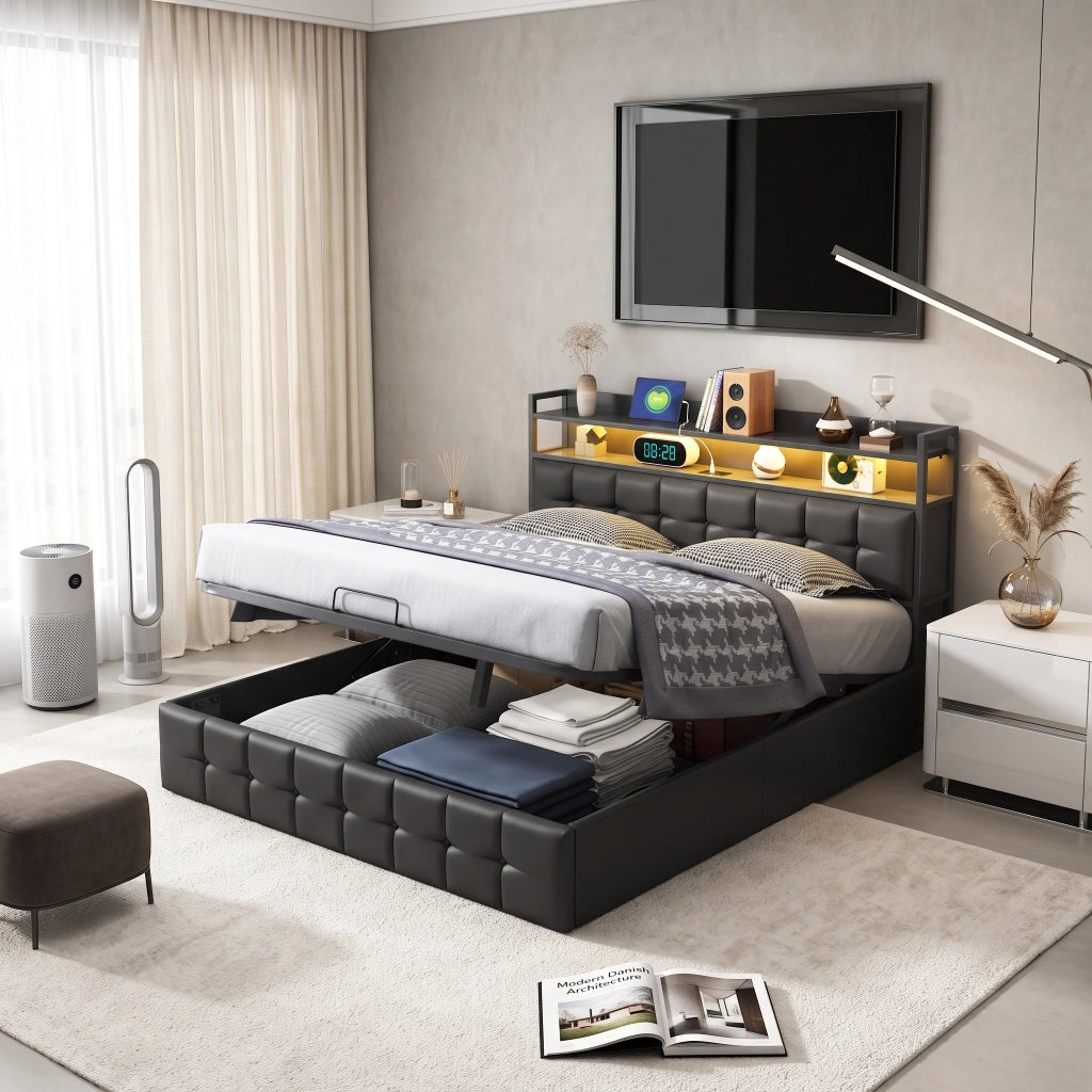 Letto matrimoniale 140x190 cm con contenitore LED USB testiera struttura letto MDF e PU - grigio