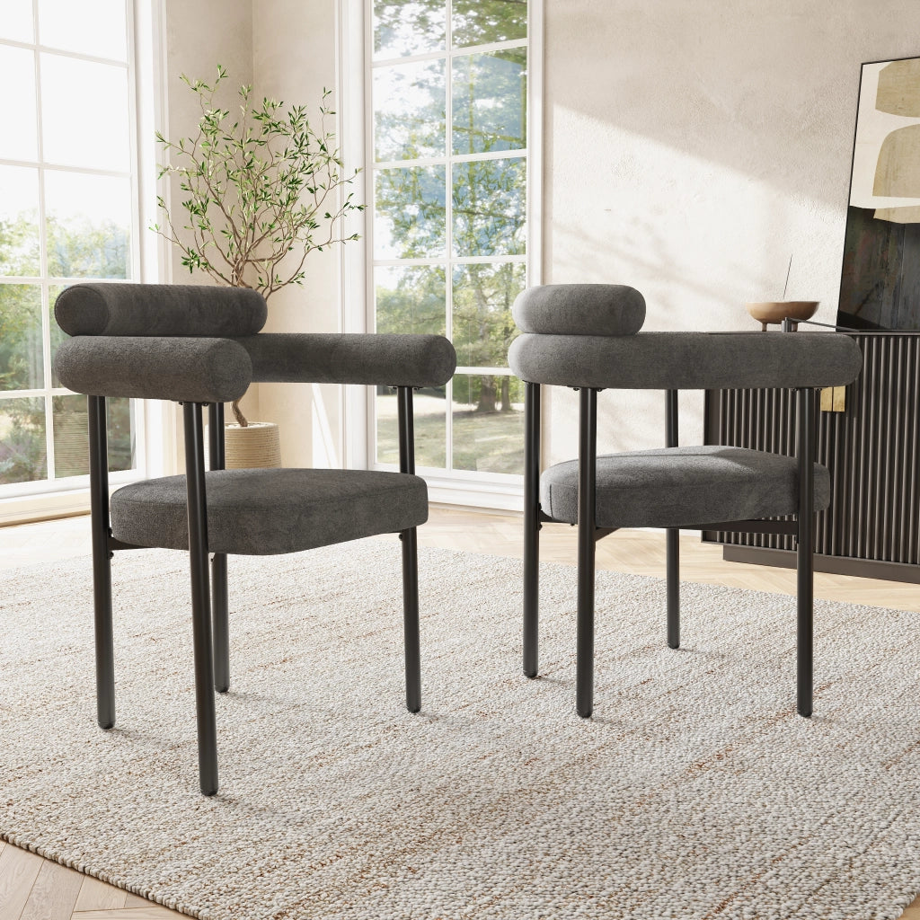 Sedia da pranzo in tessuto effetto scamosciato con schienale ergonomico e seduta ampia in ferro grigio scuro