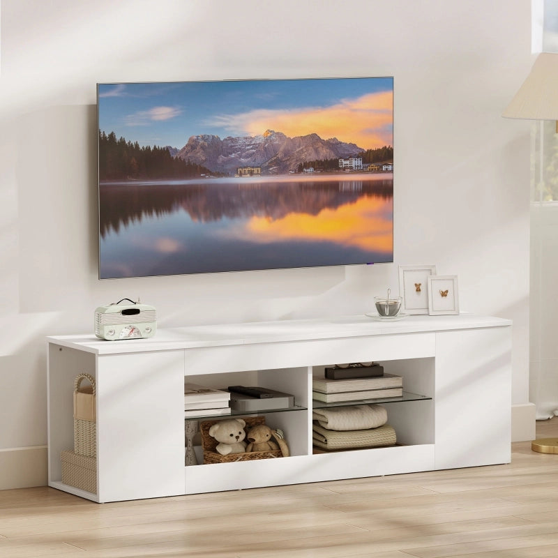 Mobile porta TV da 140 cm, con 6 scomparti, 2 ripiani in vetro, in truciolato, colore bianco.