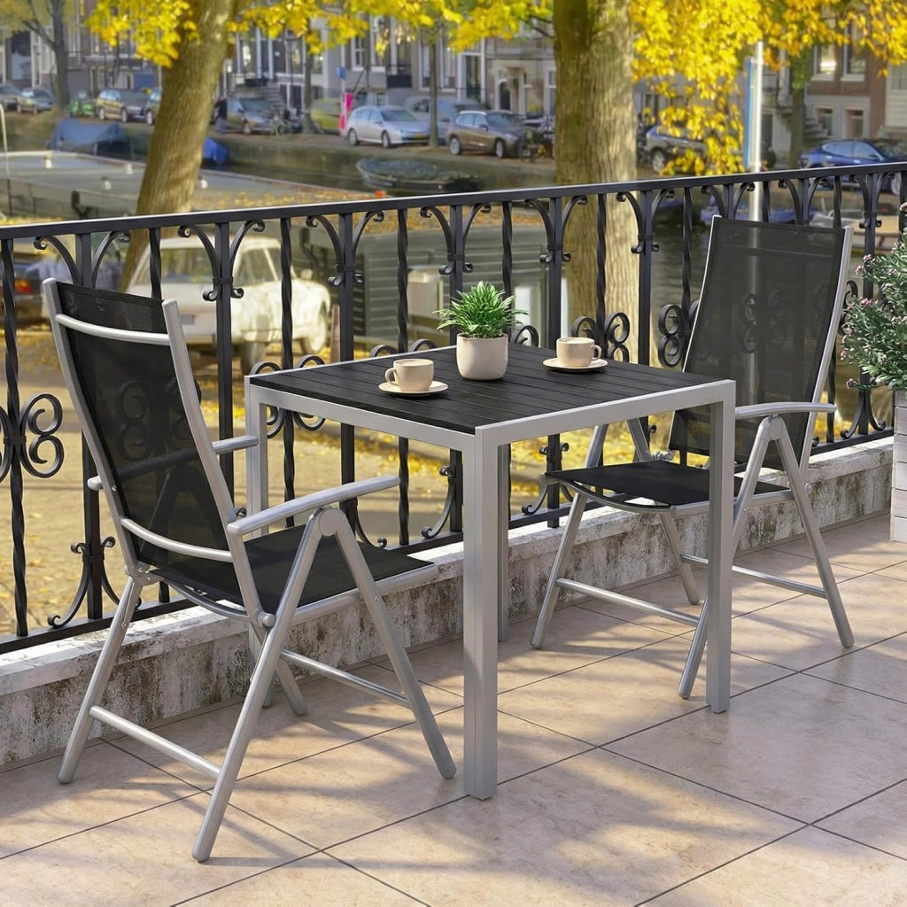 Set Giardino Esterno 3 Pezzis, Aluminium Tavolo da Giardino con Sedie, Tavolo e Sedie da Balcone, 2 Sedie Pieghevoli e Tavolino 75x75 cm, Salottino da Giardino Esterno 2 Posti, Grigio argento