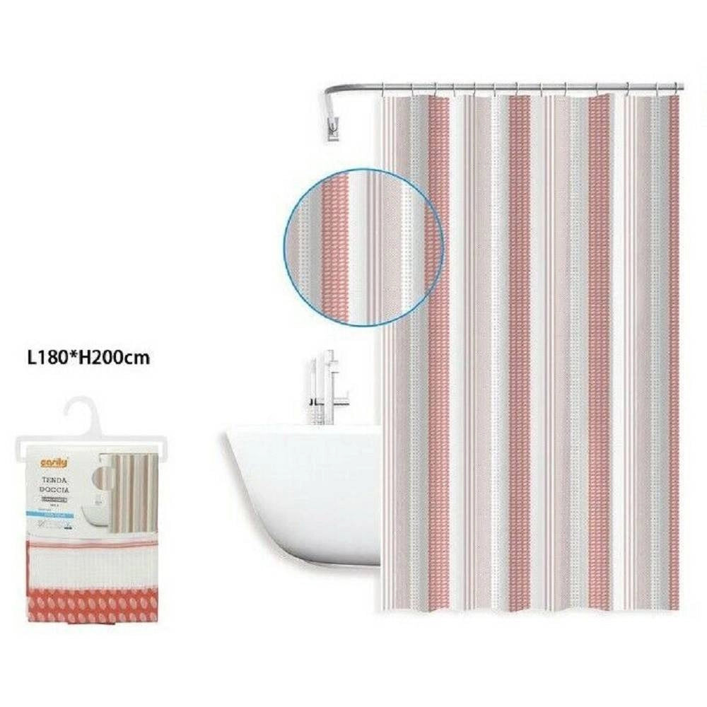 Trade Shop - Tenda Doccia Antimuffa Righe Rosa Impermeabile 180x200 Cm Con Anelli Bagno 59813 -