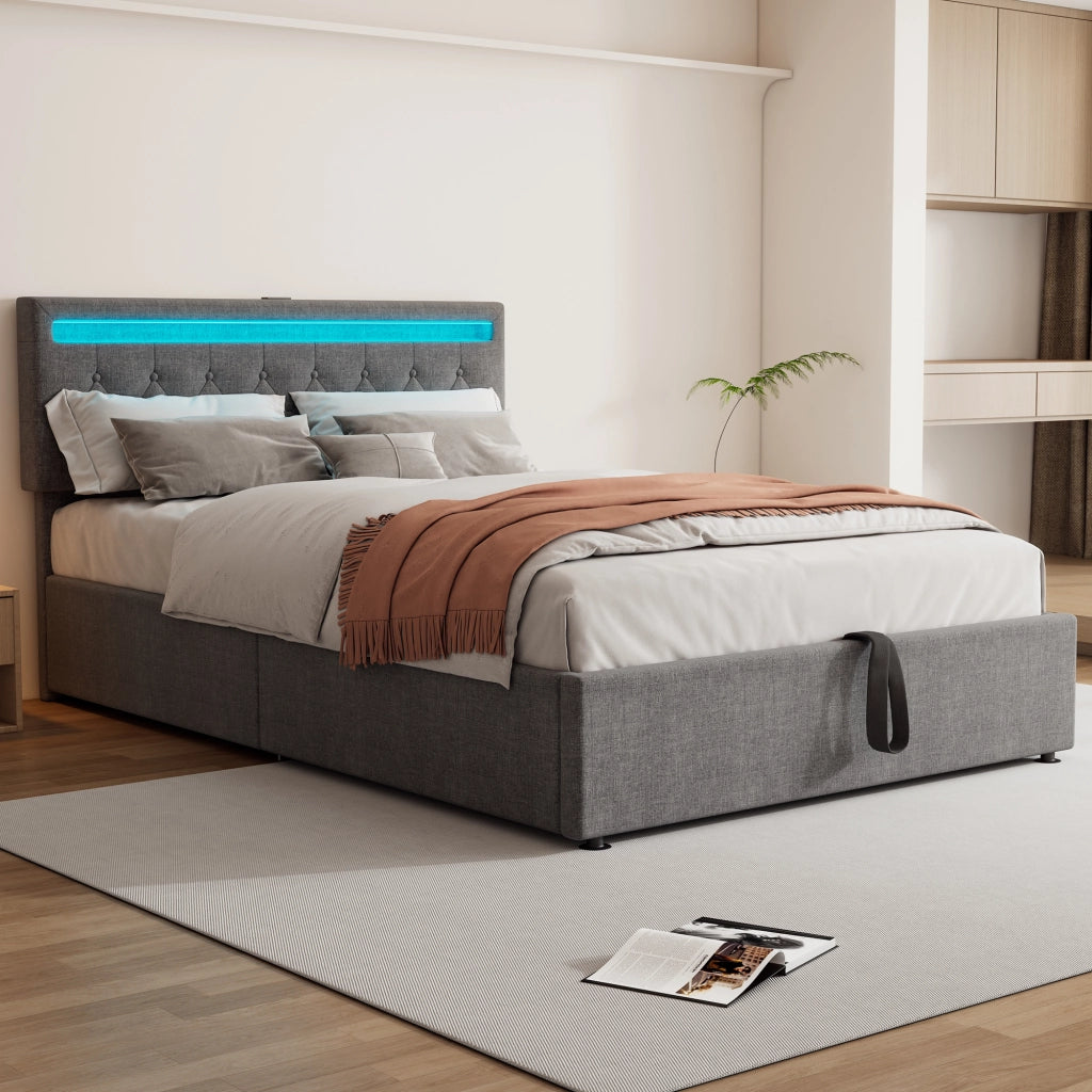 Letti contenitori 140x200 cm; LED e vano contenitore; lino grigio