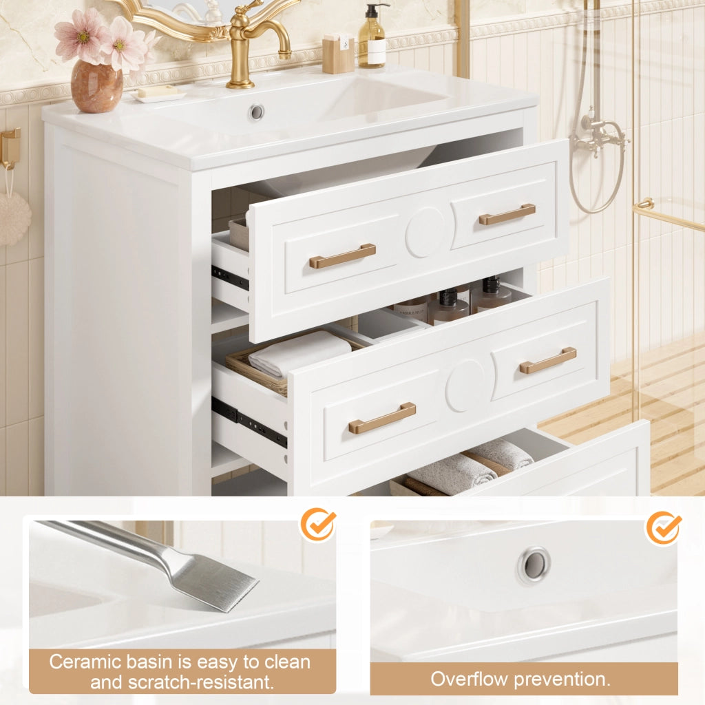 Mobile sottolavabo con 3 cassetti e lavabo in ceramica, finitura laccata, per bagno, bianco, 76,5 × 47 × 82 cm