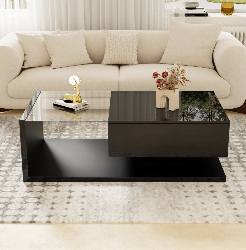Tavolino da salotto moderno 105x55x32;5 cm in truciolare nero lucido con LED