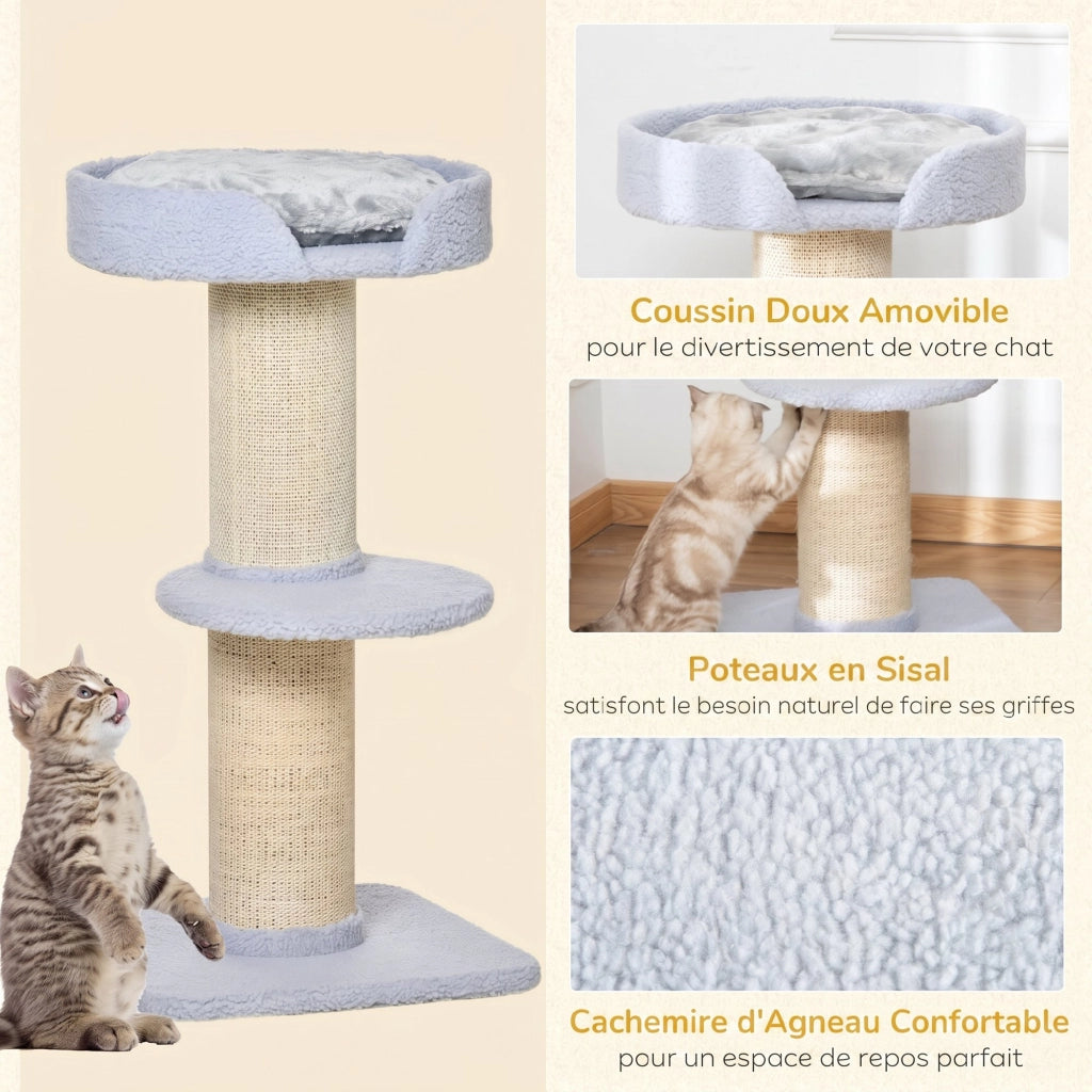 Arbre à chat avec griffoir centre d'activités 2 plateformes coussin bleu clair