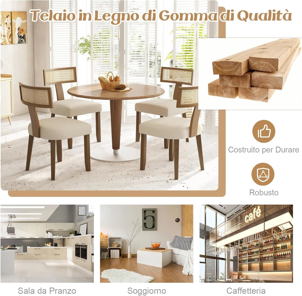 Set di 2 Sedie da Pranzo Imbottita, Sedia con Sedile Comodo, Schienale Curvo in Rattan e Piedini Antiscivoli per Soggiorno, Sala da Pranzo e Studio, Portata 180 kg (Beige)