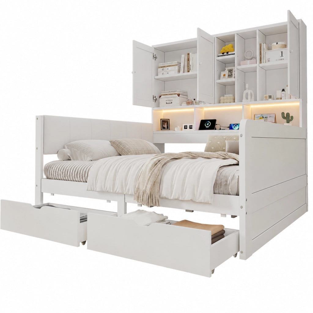 Letto contenitore 140x200 con LED, USB e vani portaoggetti bianco