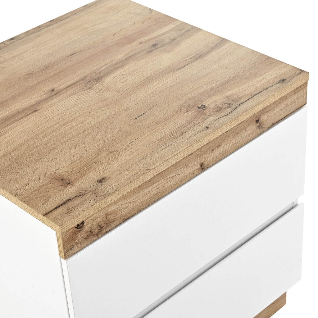Comodino classico con 2 cassetti, finitura bianco e rovere, in truciolare E1, per camera da letto