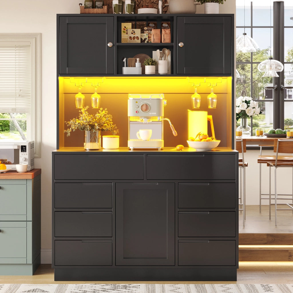 Credenza Alta da Cucina con 8 Cassetti e Ripiani Regolabili; LED; USB e Chiusura Magnetica; MDF; 120 x 40 x 183;5 cm; Nero