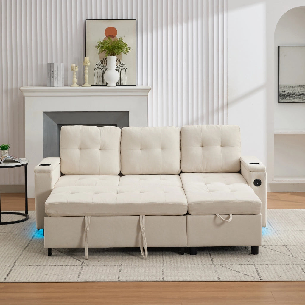 Divano Letto con Contenitore, LED, USB-C, Portabicchieri e Tasche, in Tessuto, Beige