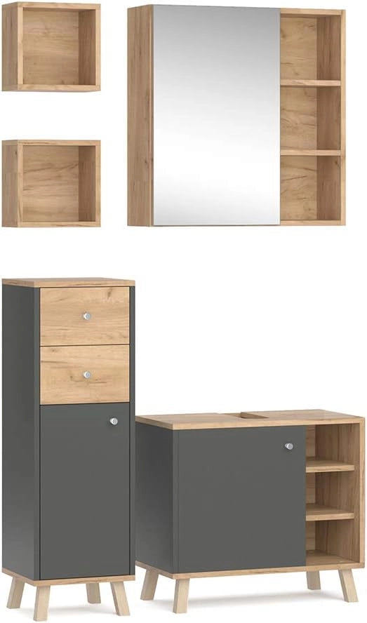 Set mobili bagno Senyo, Bianco, 62 cm, composto da armadietto a specchio, base lavabo, armadio medio e 2 scaffali bagno