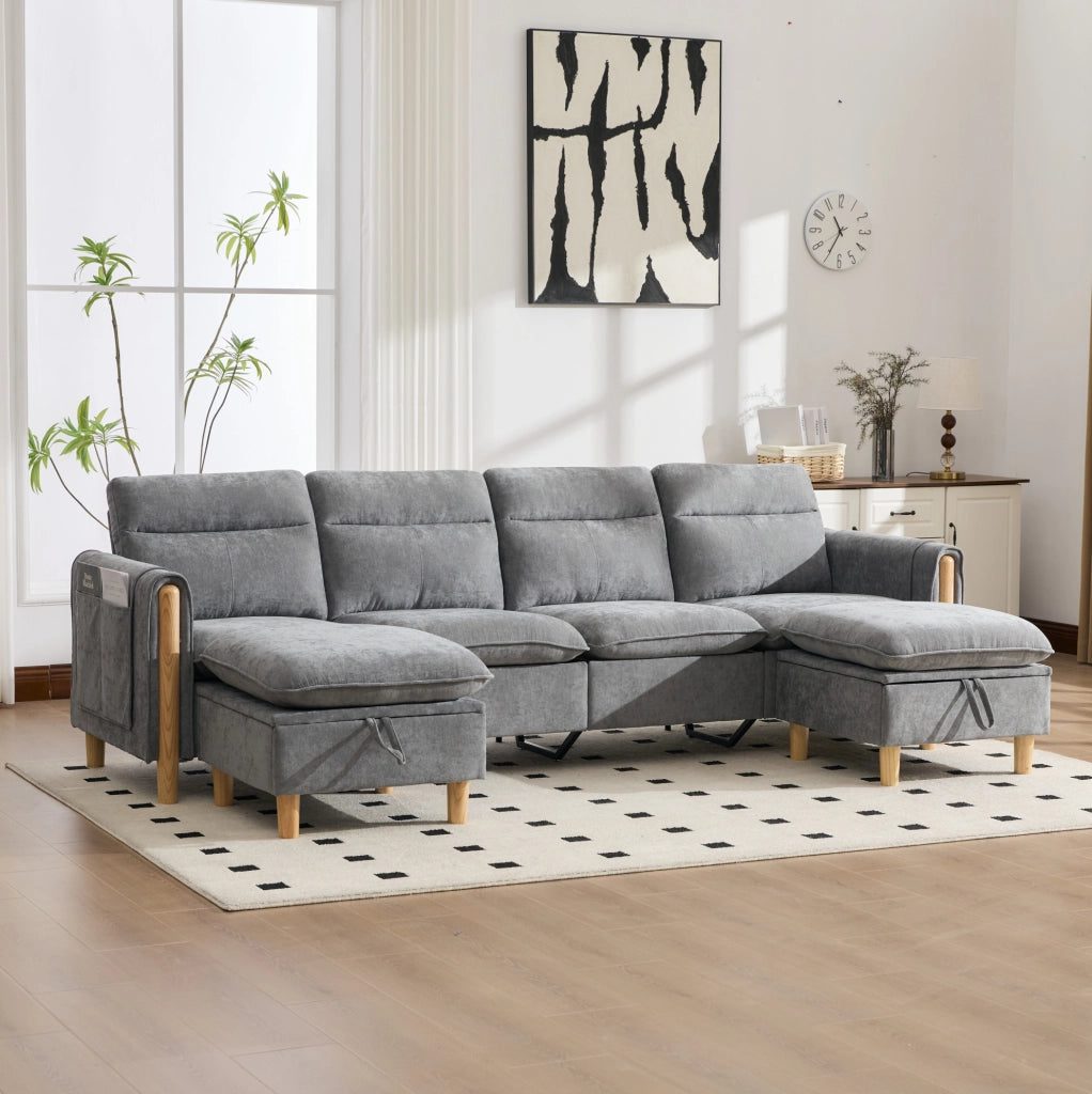 Divano modulare 4 posti con 2 pouf contenitore in ciniglia grigio chiaro HAVRYA
