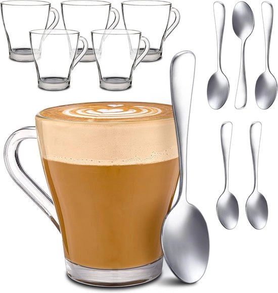 Cappuccinocoppe con manico e cucchiaio - 250 ml - Riscalda a lungo - Formato ideale per macchine da caffè automatiche - Resistenti al lavastoviglie