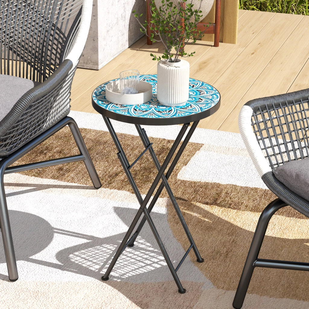 Tavolo da giardino rotondo pieghevole in ceramica con telaio in metallo, motivo mosaico blu ¨C zephmum ¨C blu