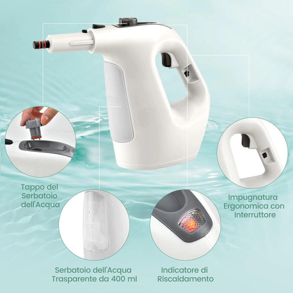 1500W Pulitore a Vapore Portatile, Macchina a Vapore con Serbatoio d'Acqua da 400 ml Blocco per Bambini e Kit di Accessori da 14 Pezzi, 33x13x24,5 cm (Grigio)