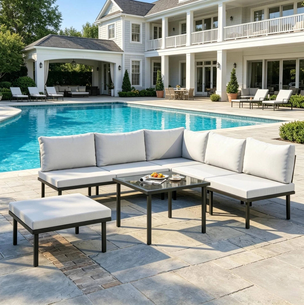 Set da giardino modulare 6 pezzi con tavolino; nero e grigio chiaro