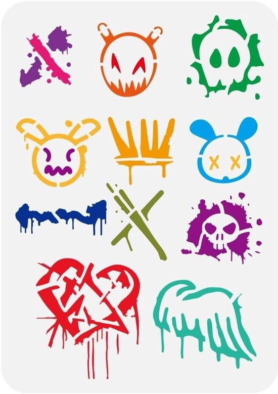 Stencil per graffiti con tema scheletri, corone, cuori, frecce e ali, dimensioni 21x29.7cm, plastico per arte grafica.