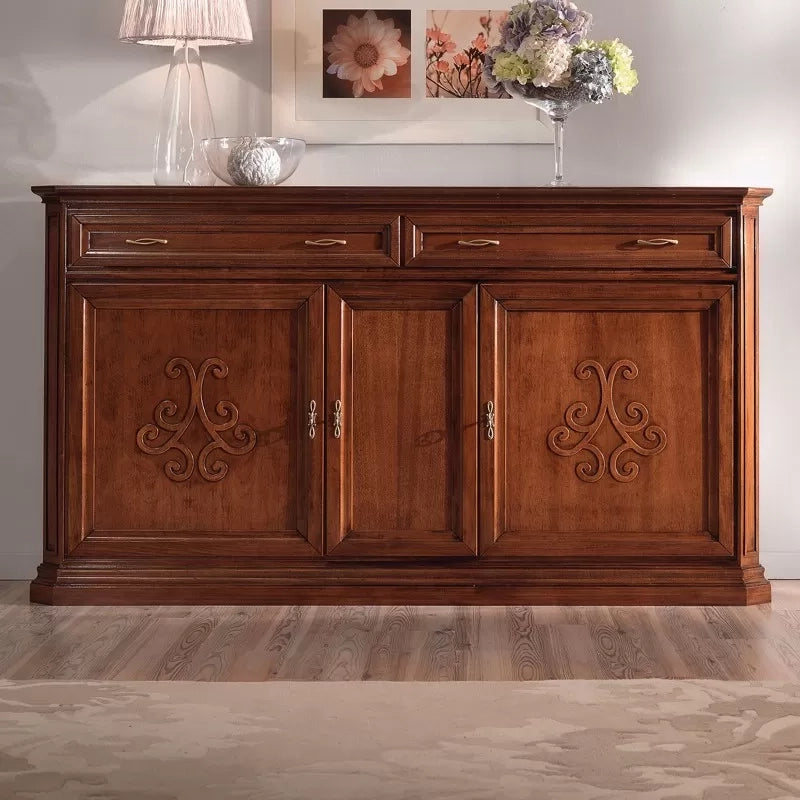 Credenza classica 3 porte 2 cassetti legno noce bassano rilievo 196x50x110 - Mobili 2G