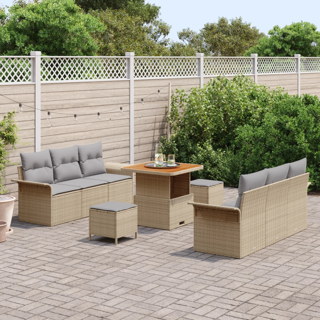 Set di divano da giardino  9 pezzi con cuscini Beige Polyrattan Acacia