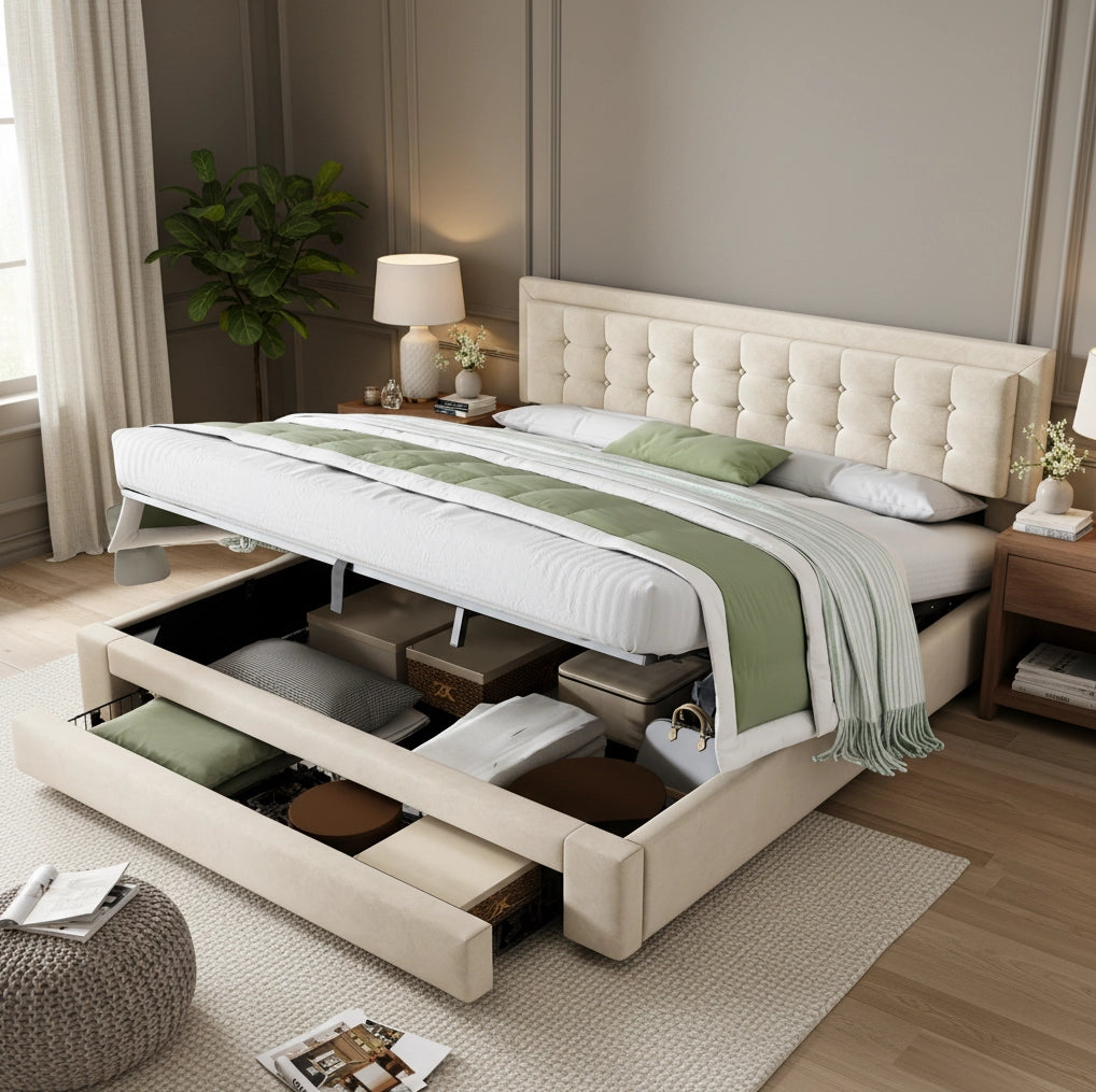 Letto matrimoniale contenitore con cassetti; testiera regolabile; velluto; 160x200 cm; beige