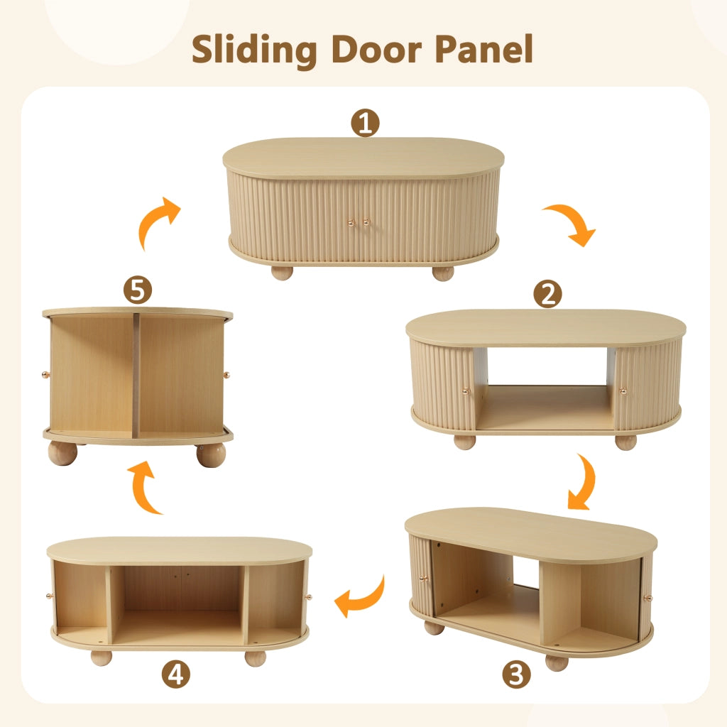 Tavolino da Salotto Ovale con 2 Ante Scorrevoli e Contenitore; Stile Industriale; in MDF; 100×50×40 cm; Legno