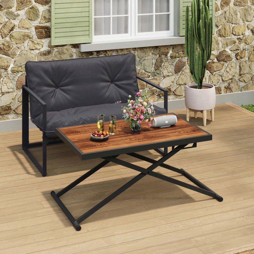 Tavolo da Giardino Olie 100 cm Regolabile in Altezza a 3 Posizioni in Metallo Nero con Piano in Legno
