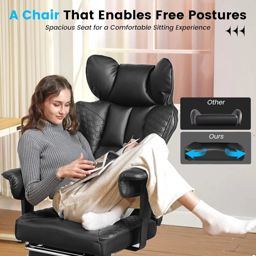 Sedia da ufficio grande e alta, sedia da gioco ergonomica larga 180 kg, con goffratura di lusso, pelle progettata con poggiapiedi, braccioli regolabili a 150°, tasca, molla