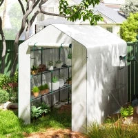 Serra da Giardino 3 m² con 3 Ripiani, PE Rinforzata 135 g/m² Anti-UV, Porta Avvolgibile e Finestre in Rete, 143x215x190cm, Bianco