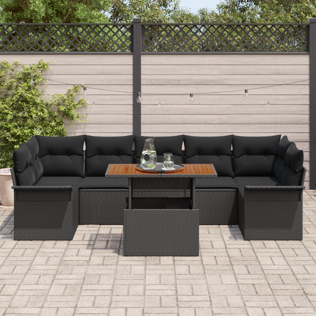Set Divano da Giardino  da 8 Pezzi con Cuscini Nero Rattan PE
