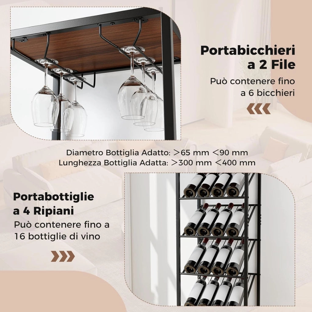 Portabottiglie da Terra a 7 Livelli, Cantinetta Portabottiglie di Vino con Portabicchieri e Piano d'Appoggio, per 16 Bottiglie, Scaffale Espositivo per Vino per Bar, Cucina e Sala da Pranzo