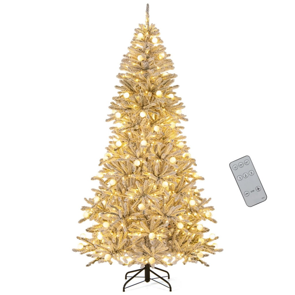 Albero pre-illuminato con 65 sfere luminose 350 luci LED bianche calde, 210 cm albero di natale artificiale innevato Argento-Alberi di Natale