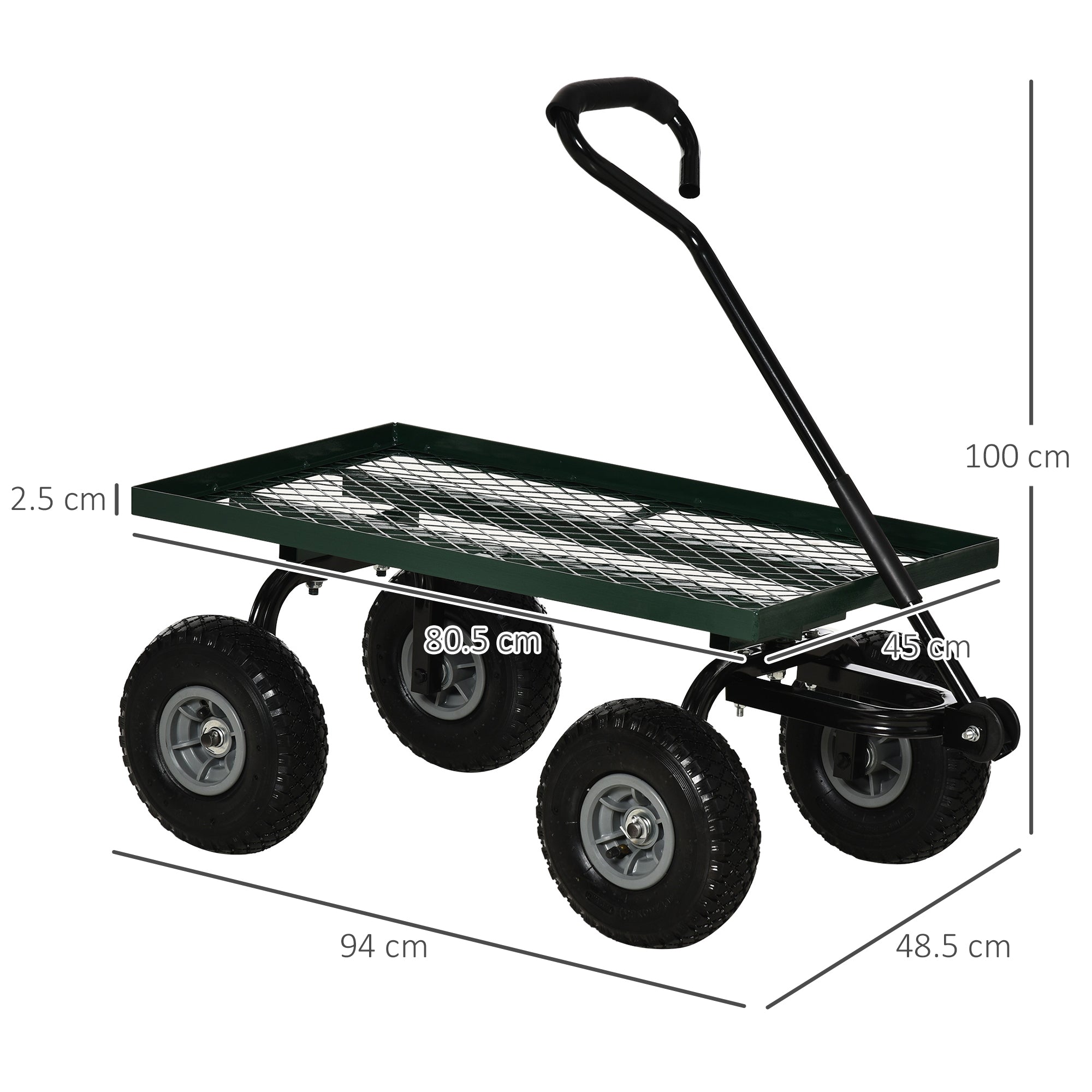 Carrello da Giardino 94x48.5x100 cm Capacità 150 kg in Acciaio Nero e Verde