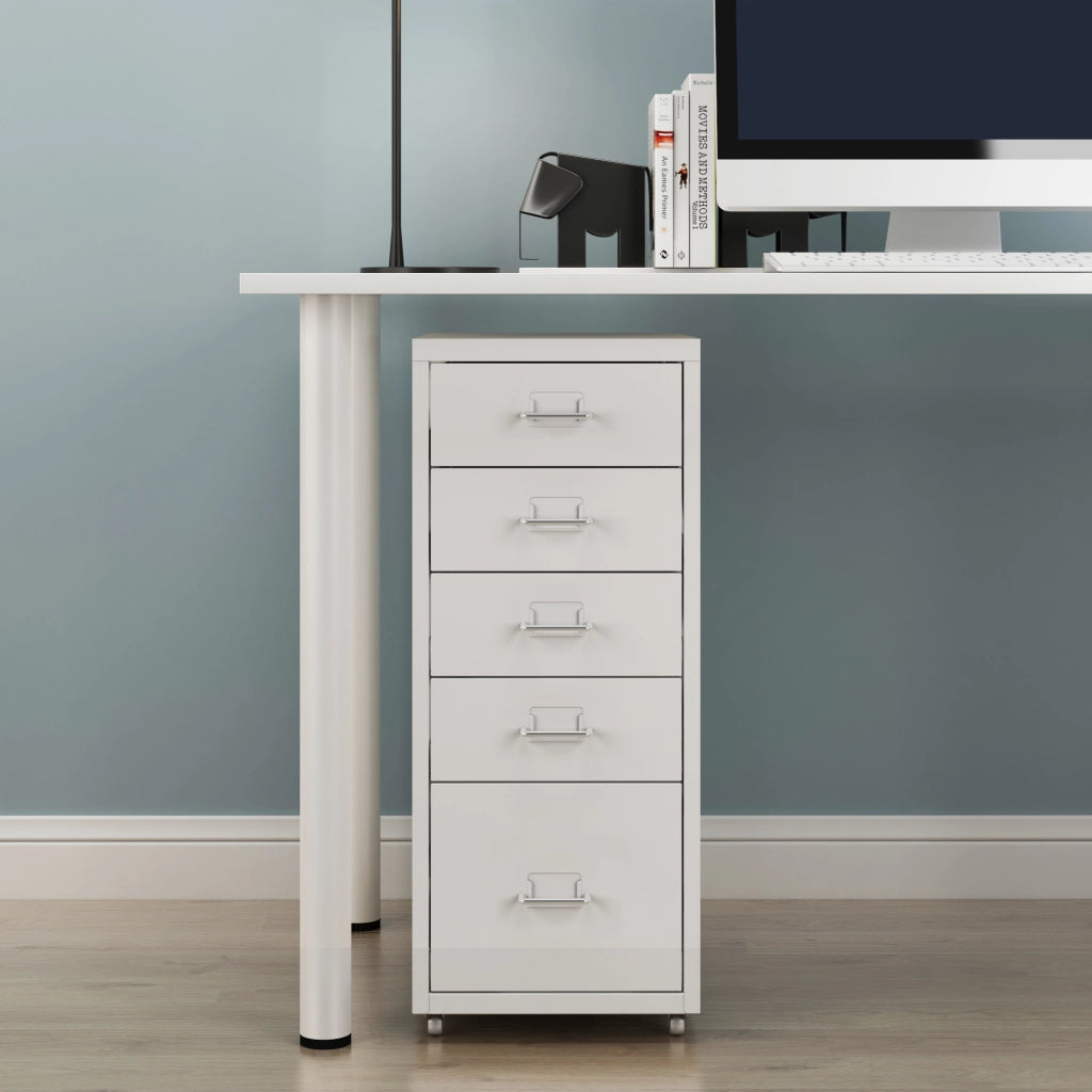 Cassettiera Kökar in Acciaio Mobile Archivio con 5 Cassetti e Rotelle - Bianco [en.casa]