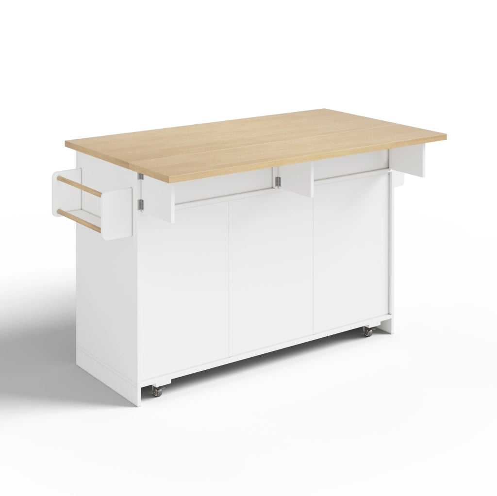Isola da cucina mobile con piano pieghevole; cassetti e ruote 120x70x92 cm; MDF; bianco naturale