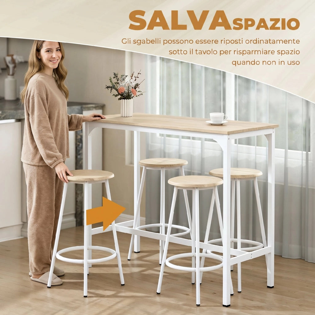 Set da Pranzo 5 Pezzi con Bancone da Bar 110x50x89,5 cm e Sgabelli Ø30x60,5 cm in Legno e Metallo Color Legno