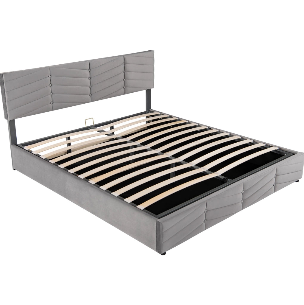 Letto matrimoniale imbottito 180x200 cm in velluto grigio con testiera regolabile e contenitore