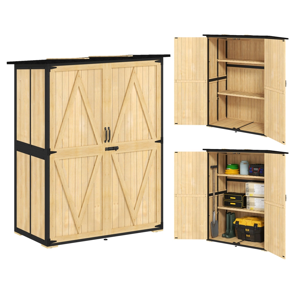 Armadio da giardino in legno e acciaio con tetto in asfalto ¨C zephmum ¨C 2 ripiani, porte bloccabili, colore naturale