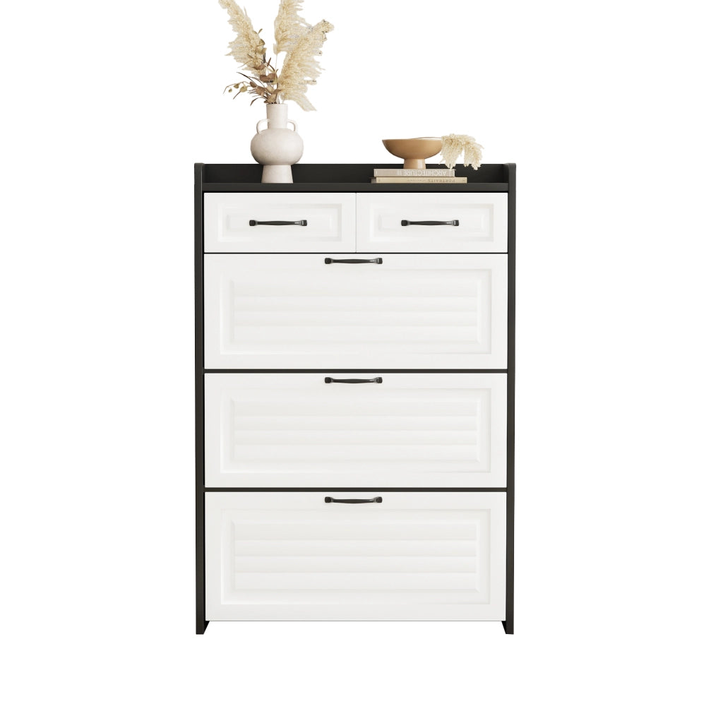 Mobile Scarpiera con 3 Ribaltine Girevoli e 2 Cassetti; Stile Moderno; in Pannelli di Truciolare; 80×23;5×131 cm; Bianco Nero