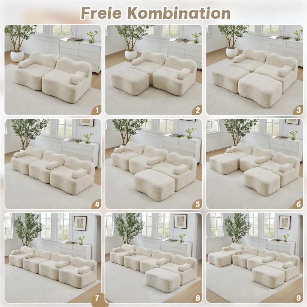 Divano modulare senza struttura interna in velluto beige con pouf collegabile