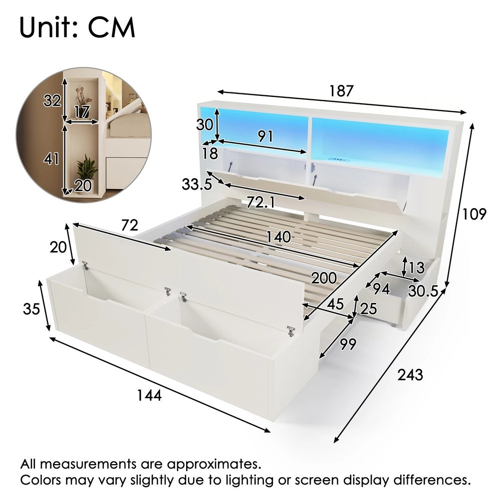 Letto Contenitore 140x200 in Legno con LED, Cassetti e Rete a Doghe ¨C MINIMAL ¨C Bianco