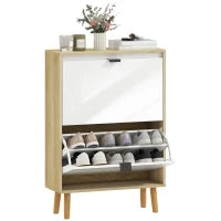 Scarpiere Stretto con 2 Porte in Bianco Lucido Ripiani Regolabili Gambe in Legno per 12 Paia di Scarpe