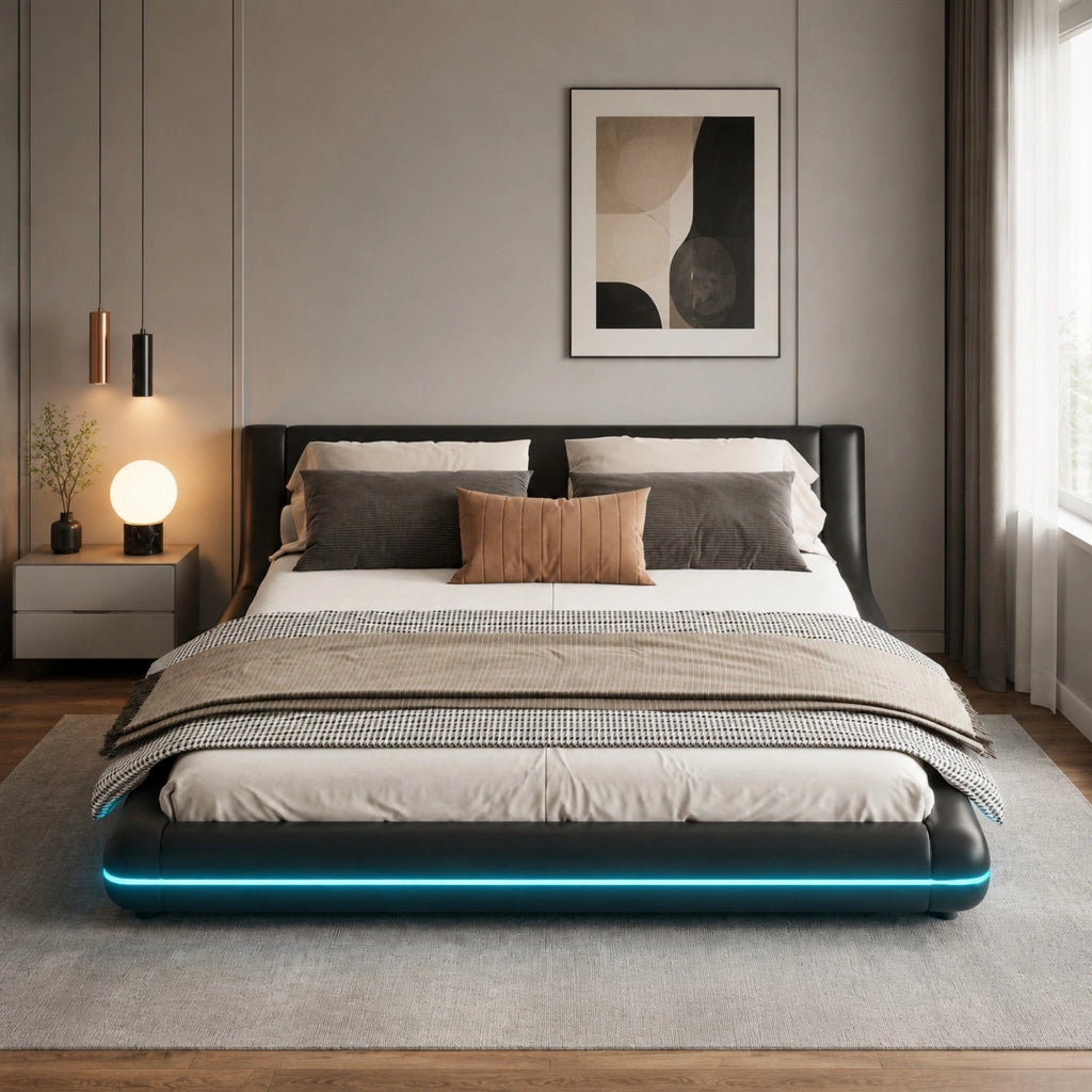 Letto a pavimento 160x200 cm in PU nero con LED RGB controllabili tramite app