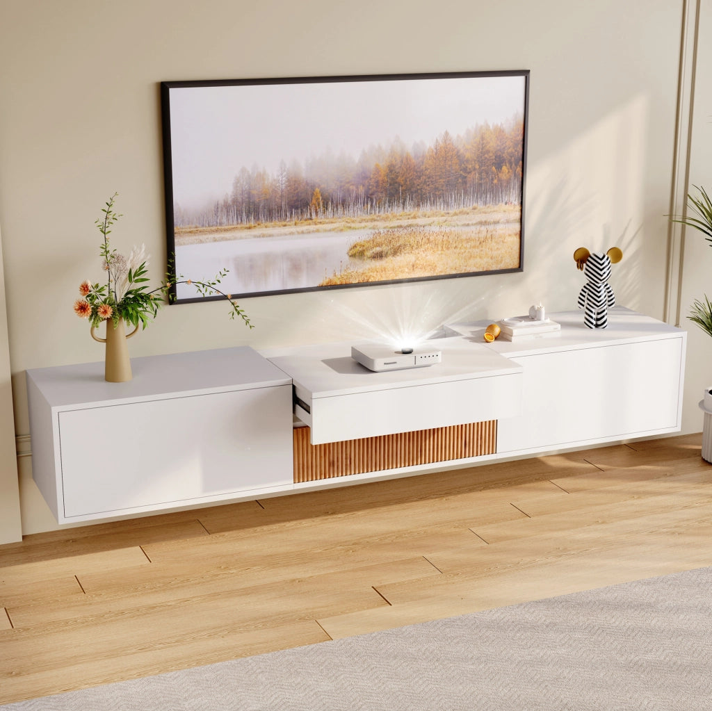 Mobile TV 180x34x30 cm con ripiano estraibile e doppio montaggio in truciolato bianco