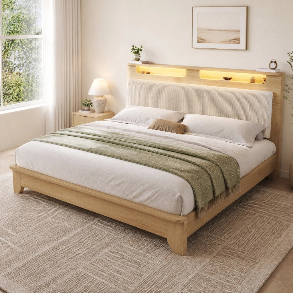 LETTO 160x200 cm con materasso, LED e testiera con ripiani Beige effetto rovere