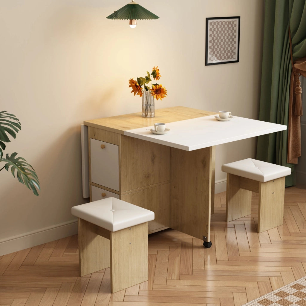 Set tavolo da pranzo con 4 sedie; tavolo pieghevole e allungabile 120x80x75 cm multifunzione; bianco e rovere