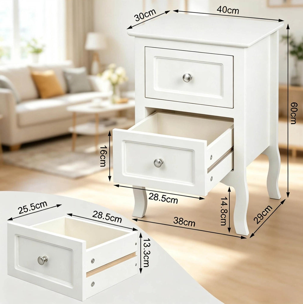 Comodino moderno bianco con 2 cassetti in MDF laccato 40x60x30 cm